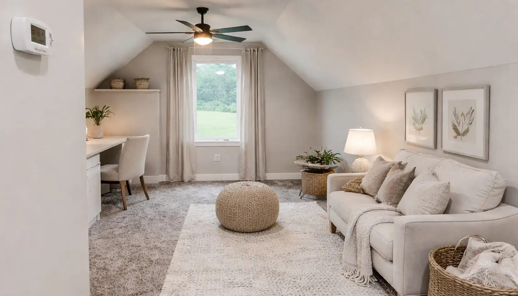 A cozy living room with a white sofa, neutral decor, desk with chair, textured pouf, and large window letting in natural light welcomes you into the heart of the Ava front garage home. Two framed prints hang above the sofa, adding a stylish touch to this inviting space