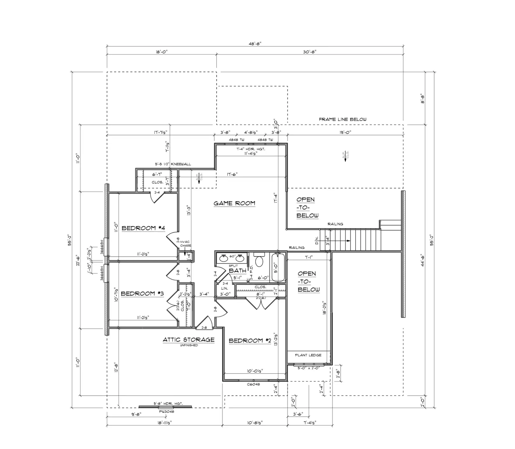 Olivia three-bedroom second-floor house plan with two bathrooms, game room, and attic storage.