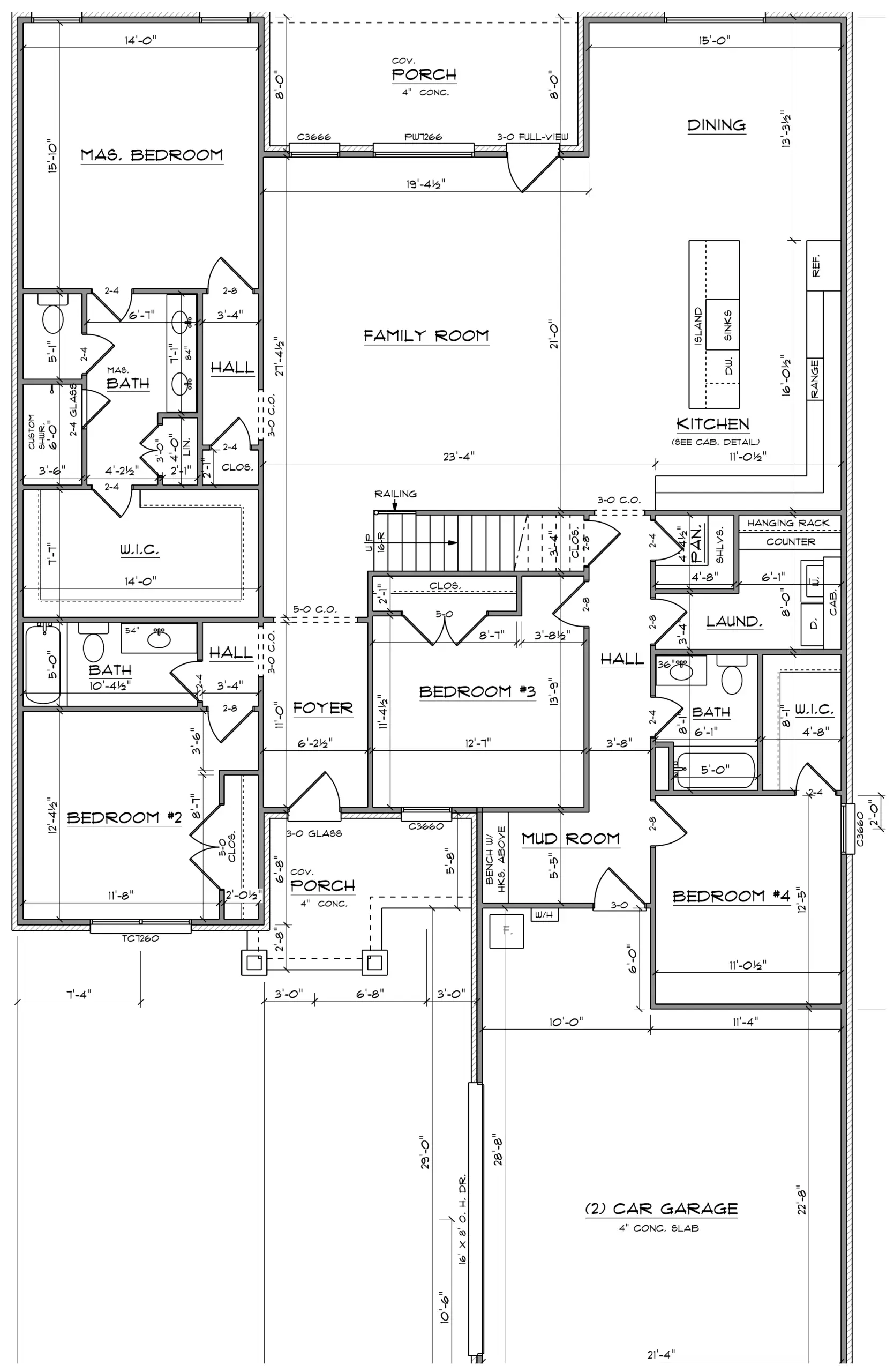 Robin four-bedroom floor plan with three bathrooms, covered porches, and attached two-car garage.