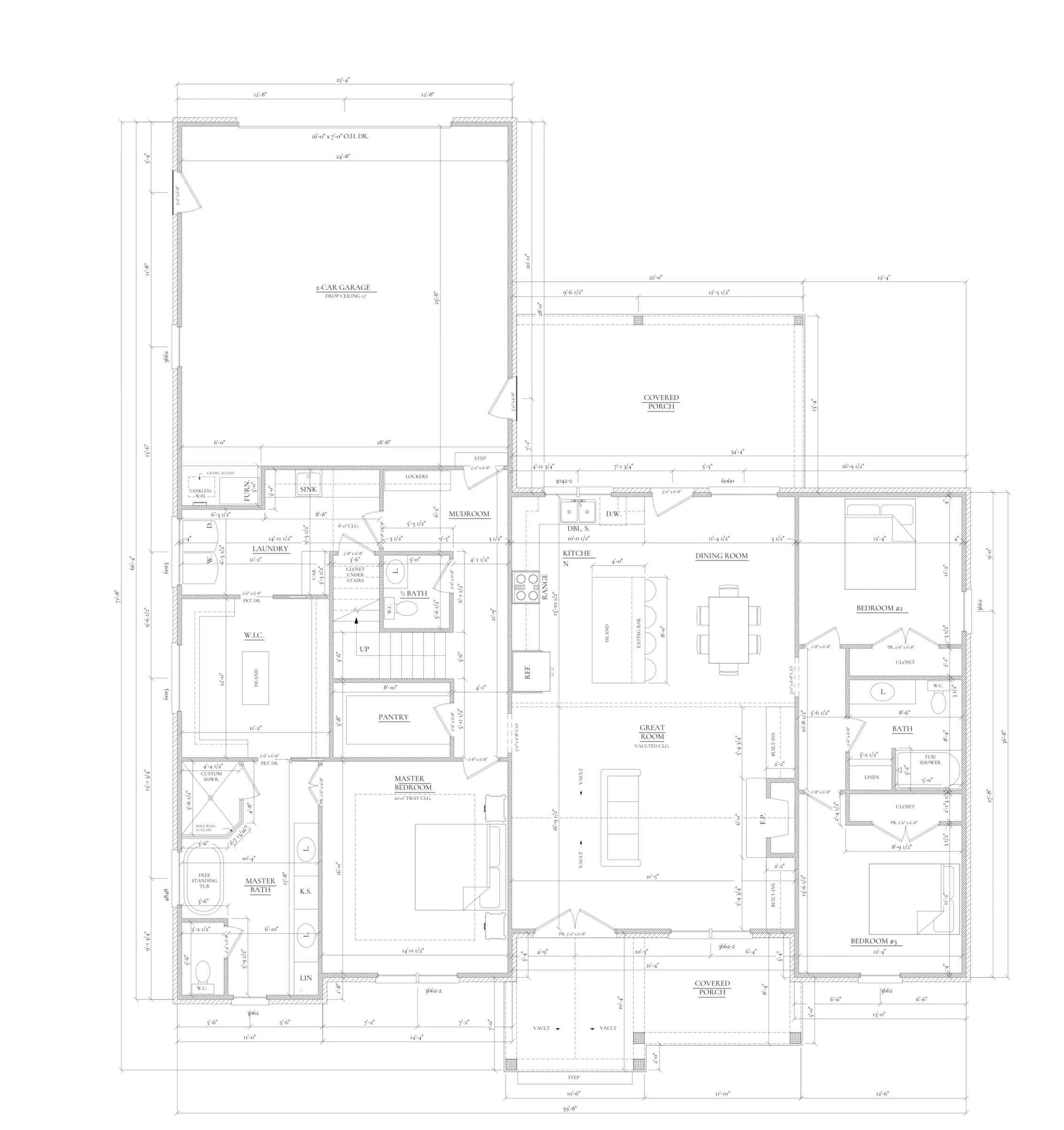 Single-family home floor plan with room layouts, fixtures, doors, utility spaces, and dimensions.