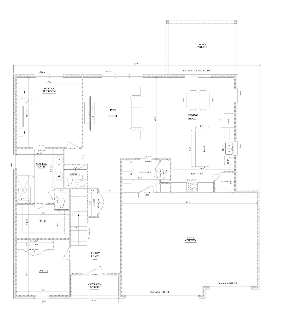 Single-story house floor plan with open living area, patio, bedrooms, and two-car garage.