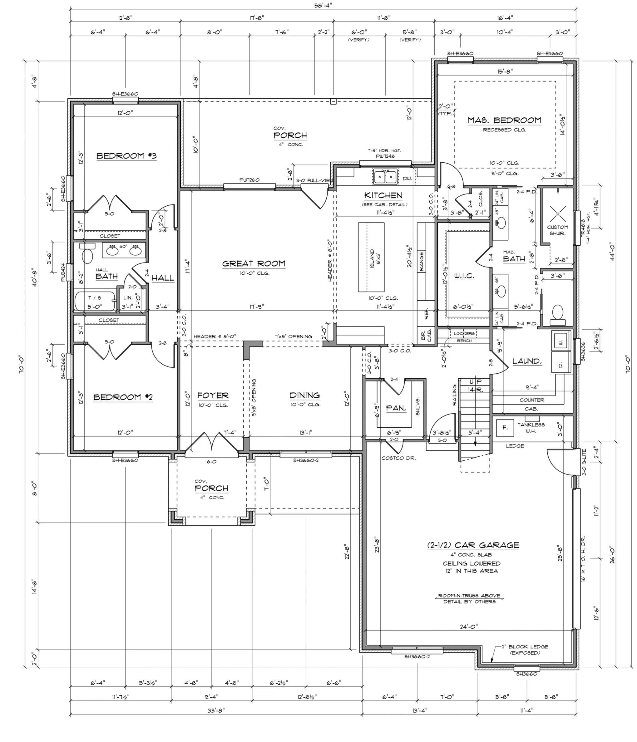 Single-story three-bedroom house floor plan with porch and attached two-car garage.