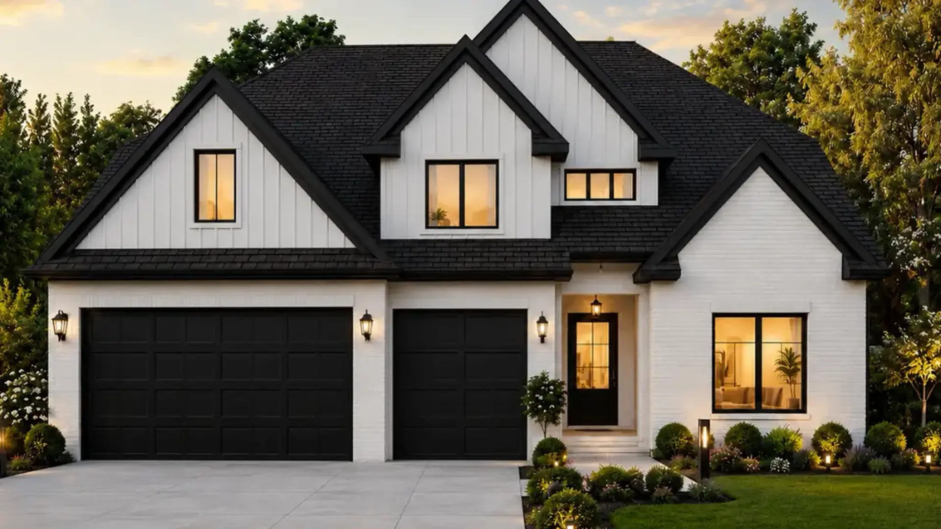 Olivia Modern Farmhouse Exterior at Dusk