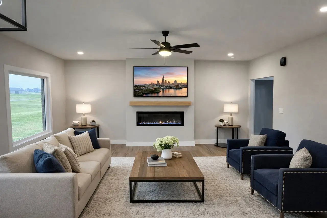 Modern living room with sofas, coffee table, and fireplace in the Asher floor plan.