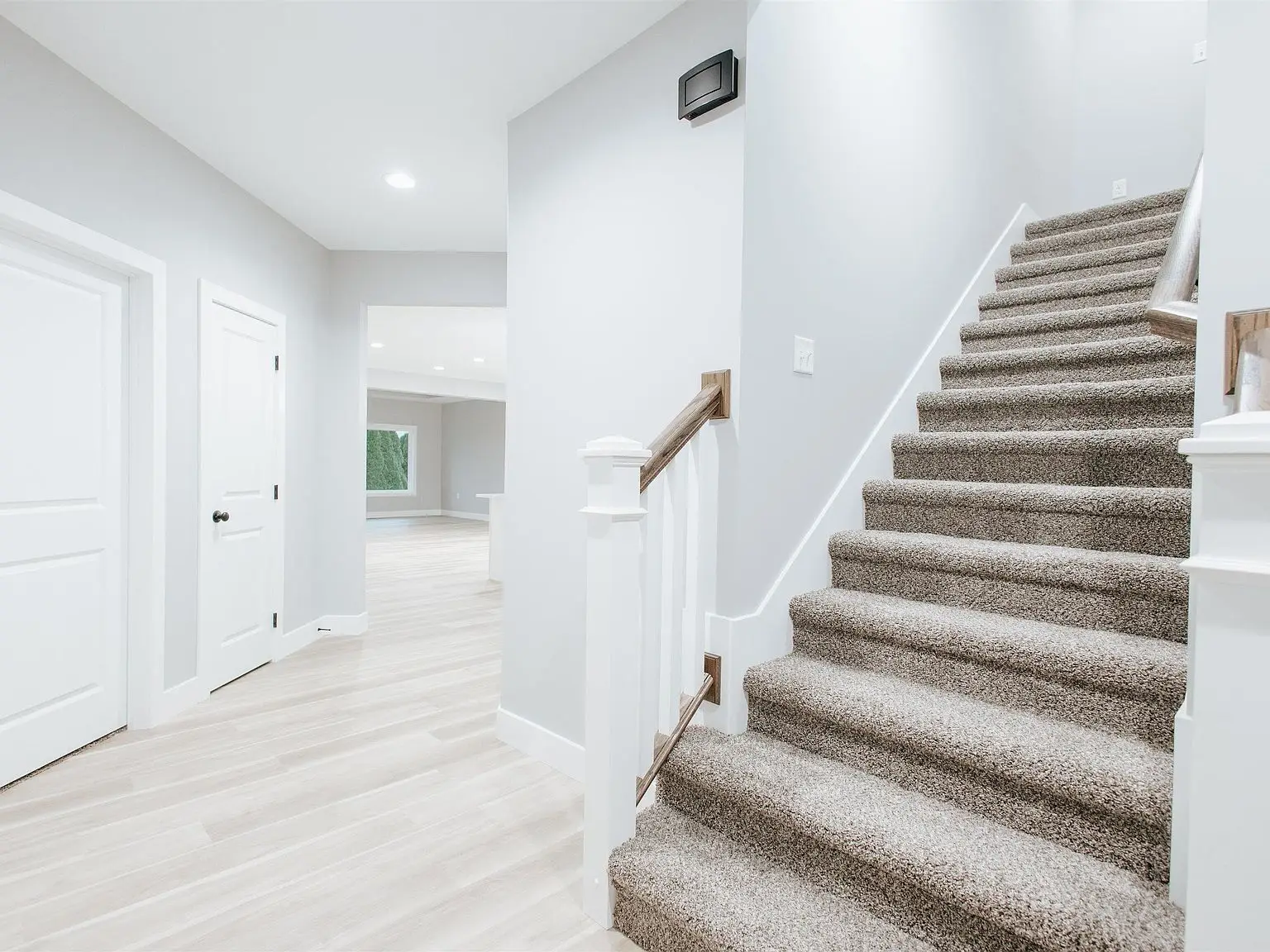 Carpeted staircase beside a hallway with light wood flooring in the Eleanor floor plan.