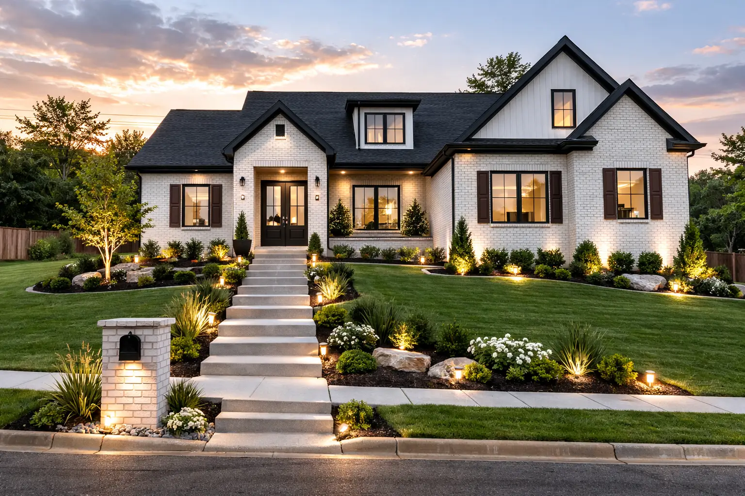 Chris Brown Homes white brick residence at 18800 Wicklow Way in Aurora at twilight