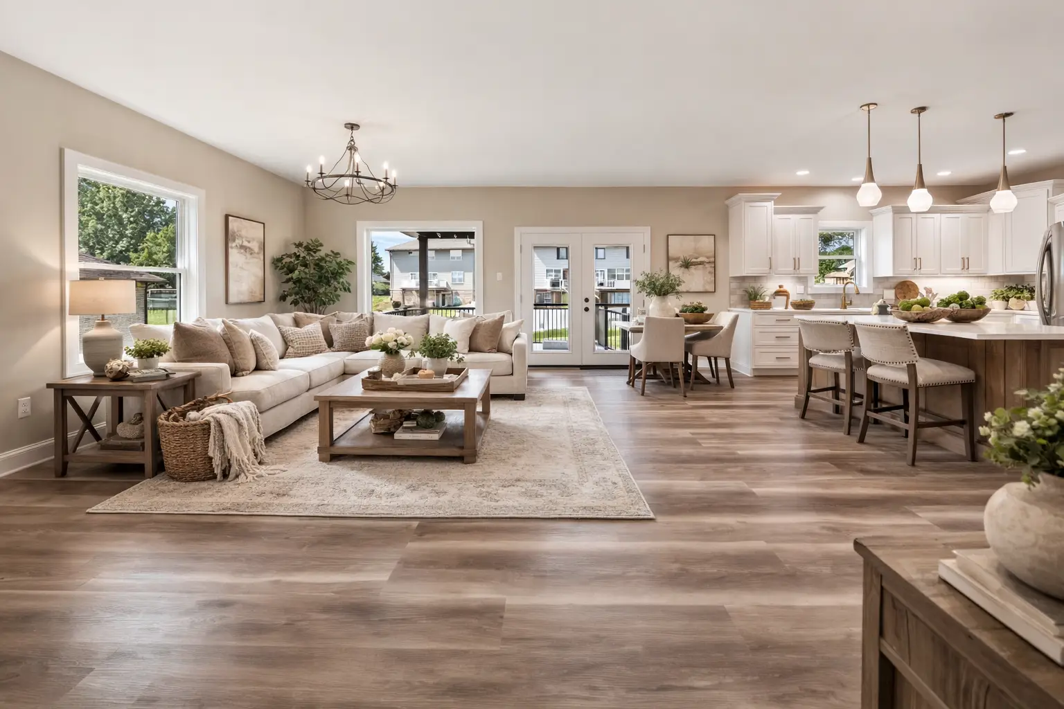 Open-concept living room and kitchen at Chris Brown Homes 18800 Wicklow Way, Aurora.