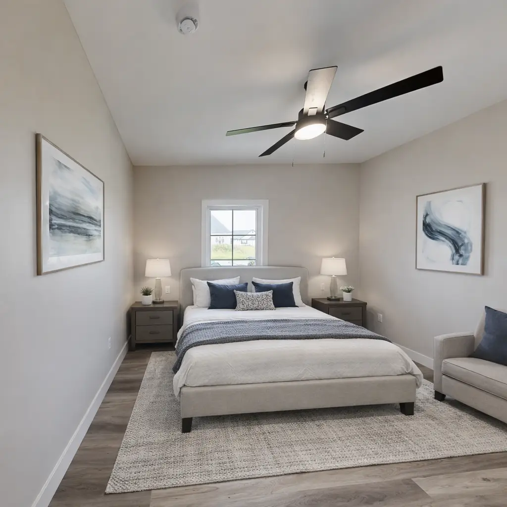 Modern Asher bedroom with blue accents at Chris Brown Homes in Aurora.