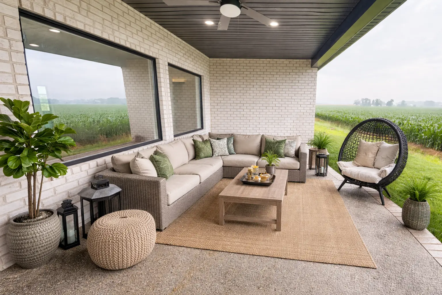 Asher floor plan covered patio with wicker seating and cornfield views at 5622 Lenox Dr.