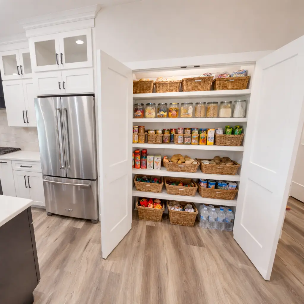 Organized Asher walk-in pantry beside stainless steel refrigerator at Chris Brown Homes in Aurora.