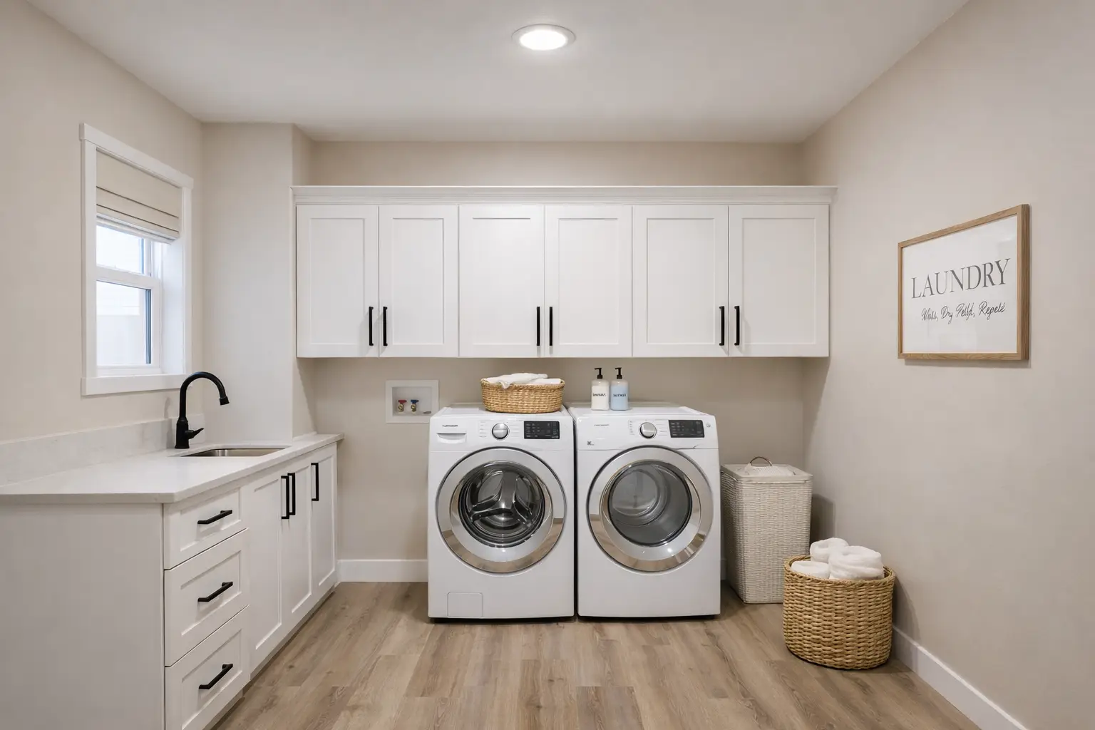 Modern farmhouse laundry room in Aurora with white cabinets, sink, and side-by-side washer and dryer.