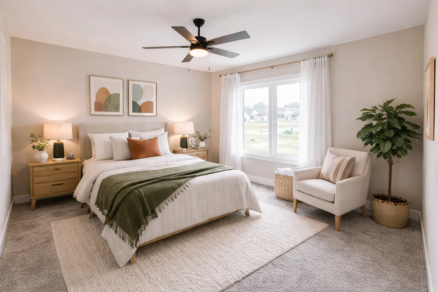 Neutral Asher bedroom with upholstered bed and green accents at Chris Brown Homes in Aurora