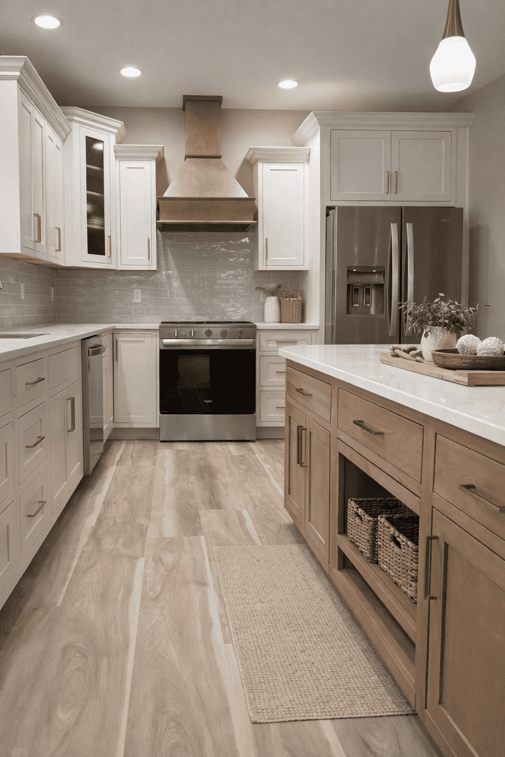 Renovated Aurora kitchen by Chris Brown Homes with wood island, bronze hood, and stainless appliances.