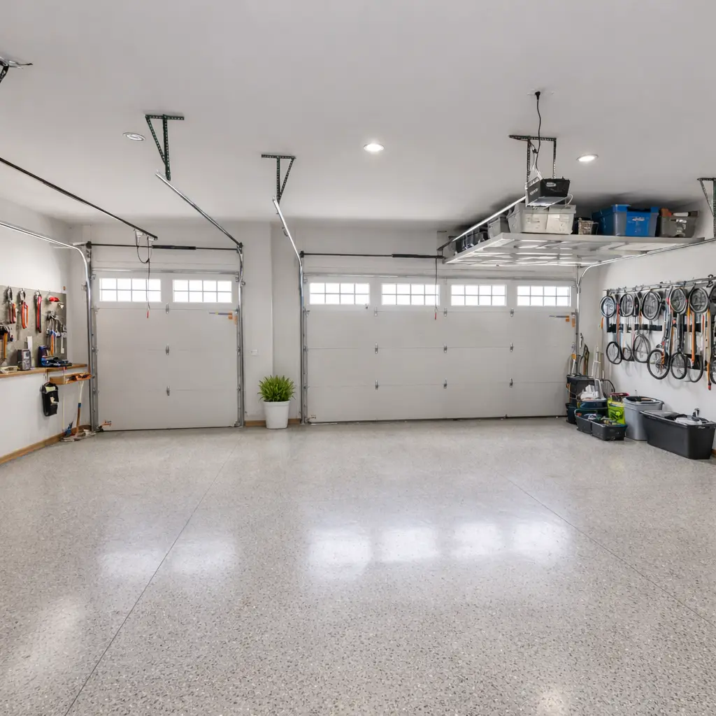Organized Asher garage in Aurora with epoxy floors, wall-mounted tools, and overhead storage.