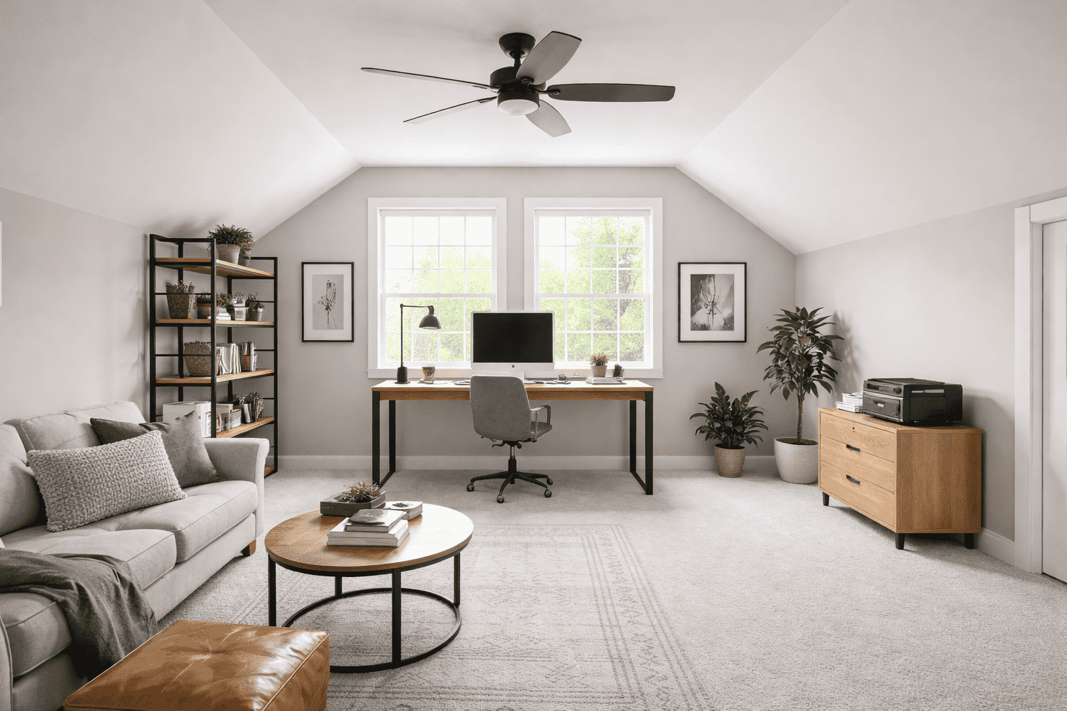 Bright Aurora home office at 18800 Wicklow Way with desk, sofa, shelving, and tall windows.