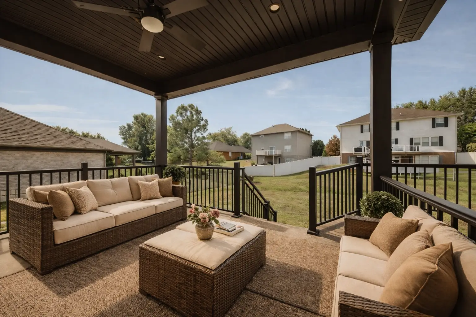 Covered patio with wicker seating at Chris Brown Homes, 18800 Wicklow Way, Aurora.