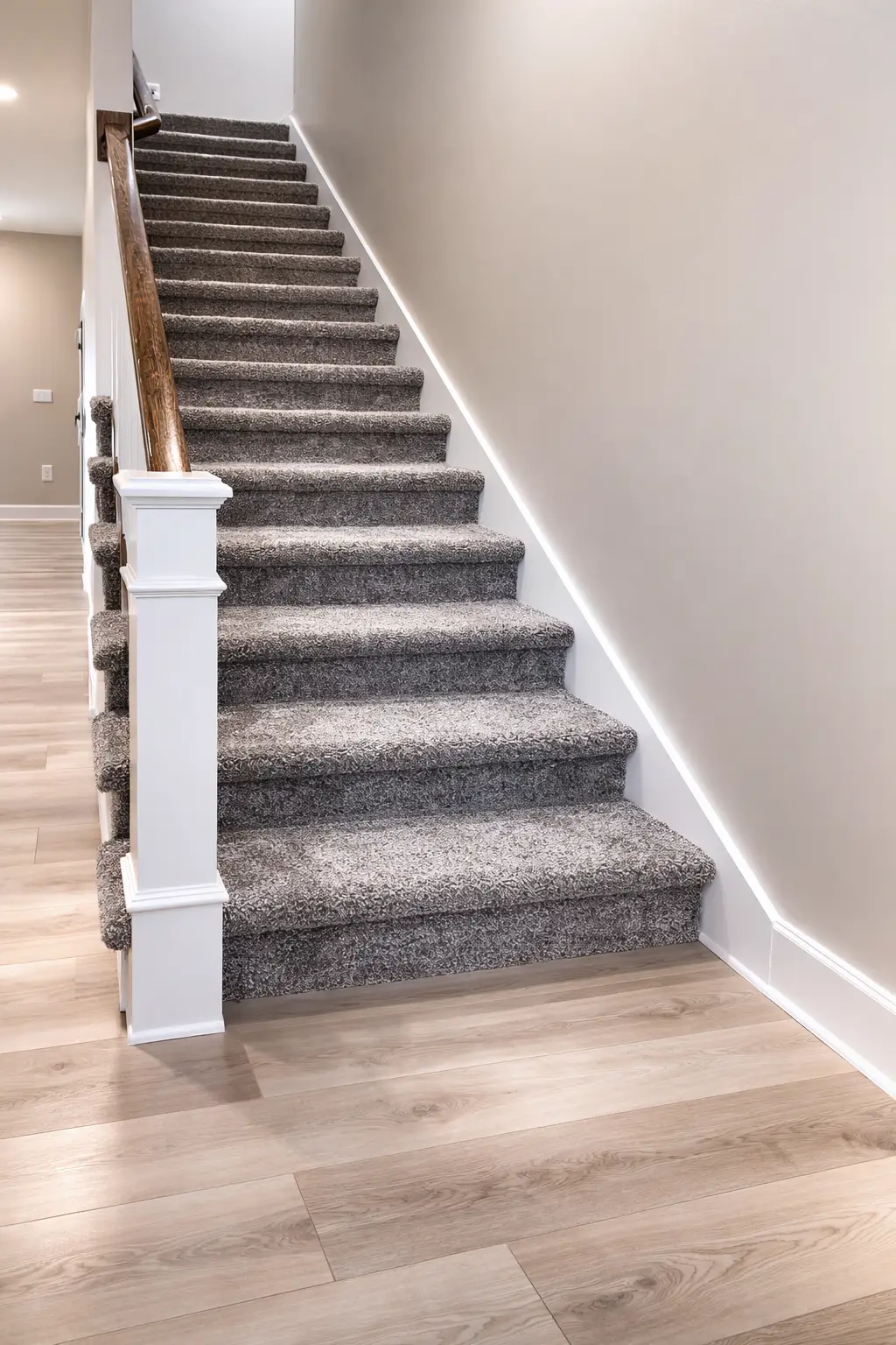 Gray carpeted staircase with white balusters and wood handrail in Aurora Chris Brown Homes.