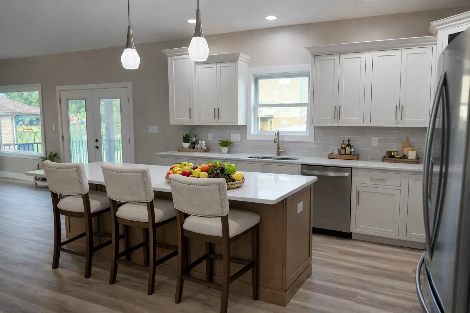 Modern Aurora kitchen at Chris Brown Homes with white island, fruit basket, and barstools.