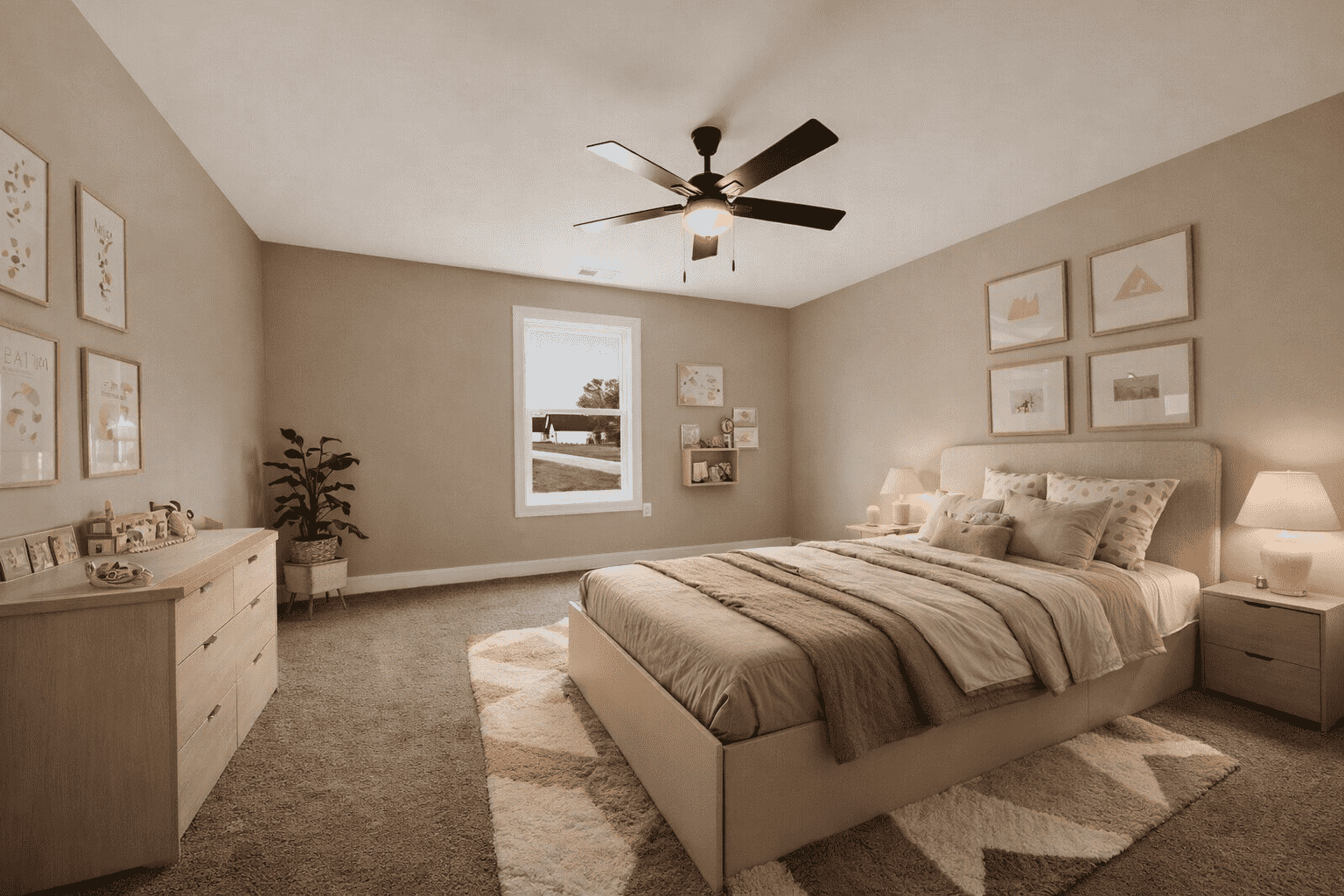 Neutral bedroom at Chris Brown Homes’ 18800 Wicklow Way in Aurora with upholstered bed and dresser.