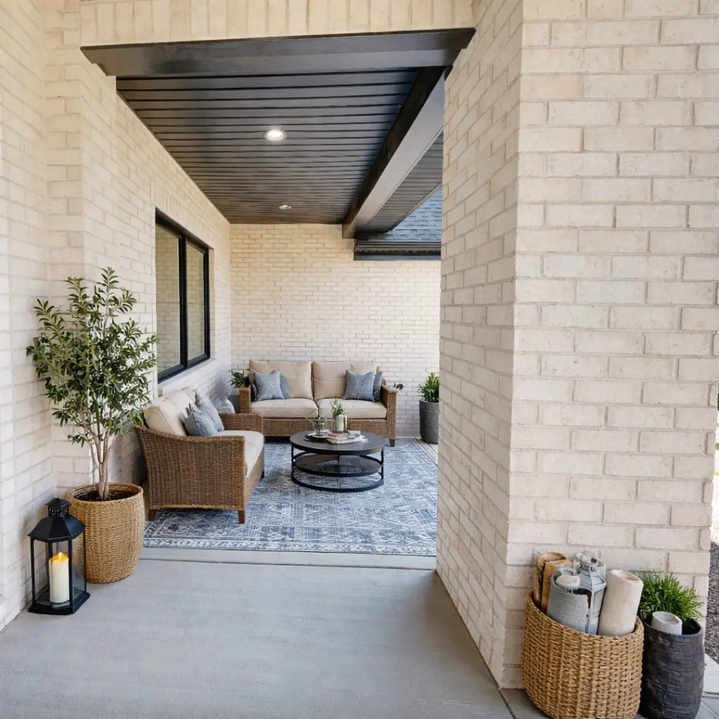 Sophia covered patio with wicker seating at Chris Brown Homes, 5588 Lenox Dr.