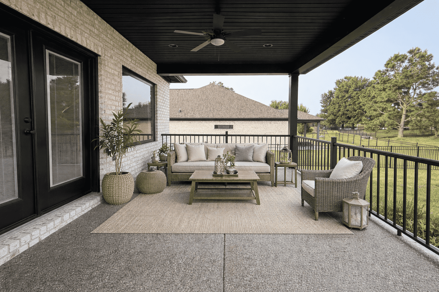 Covered wicker patio overlooking the lawn at Chris Brown Homes, 18800 Wicklow Way, Aurora.
