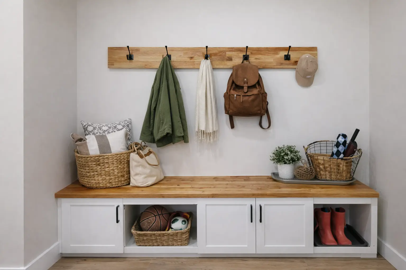 Sophia mudroom by Chris Brown Homes with wood bench, coat hooks, baskets, and red boots.