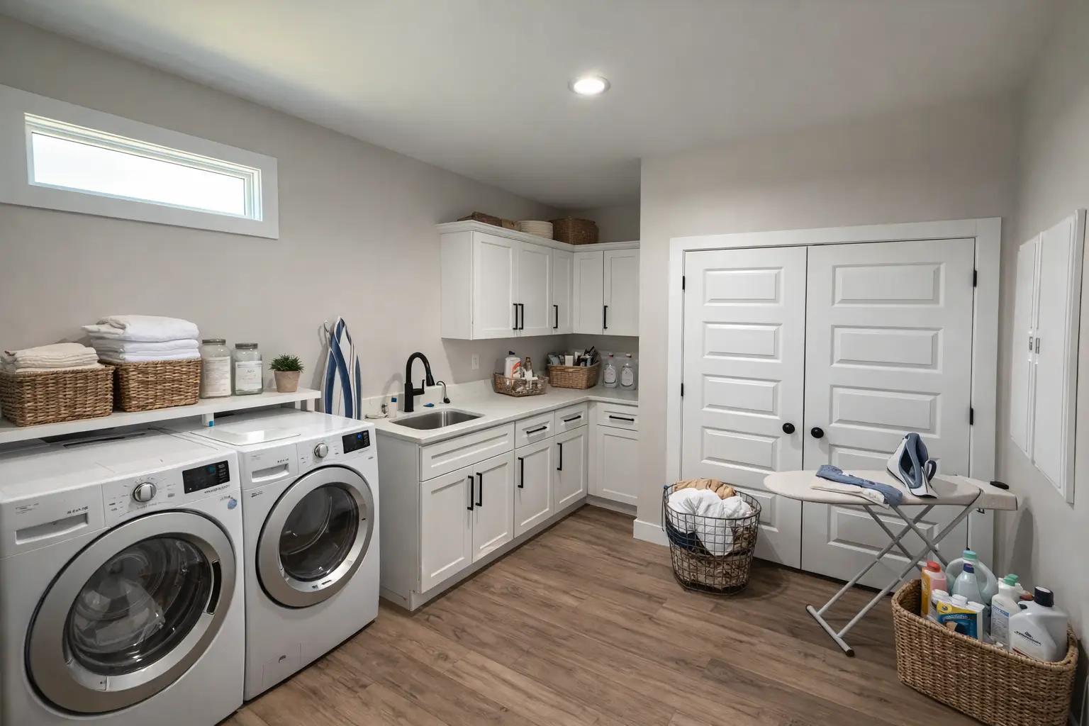 Modern Aurora laundry room with front-load appliances, utility sink, white cabinets, and storage.