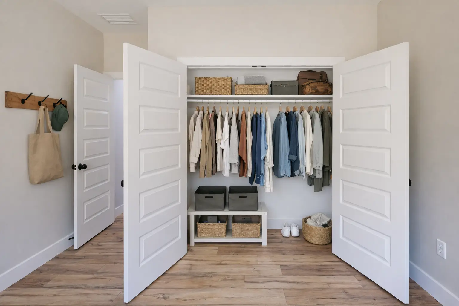 Organized closet at Sophia Chris Brown Homes, 5588 Lenox Dr., with baskets and coordinated clothing.