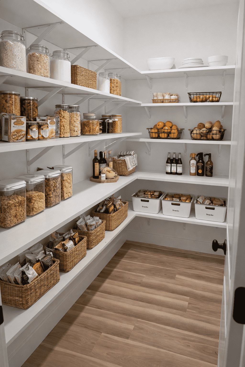 Organized walk-in pantry with white shelves and labeled storage bins at 18800 Wicklow Way, Aurora.
