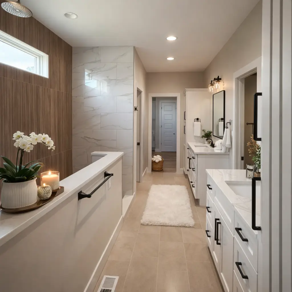 Sophia spa bathroom by Chris Brown Homes with wood-look shower, white vanities, and black fixtures.