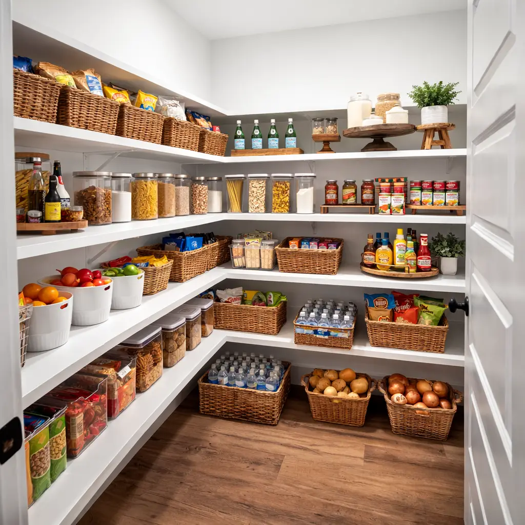 Organized walk-in pantry with white shelves, wicker baskets, and clear canisters at 5588 Lenox Drive.