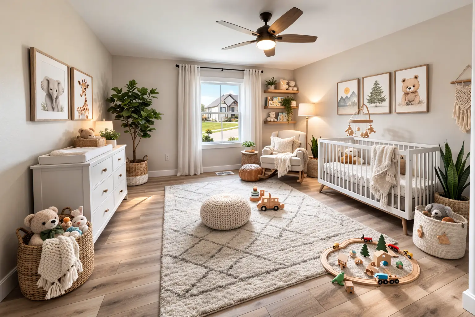 Sophia nursery at 5588 Lenox Dr. by Chris Brown Homes with white crib and toys.