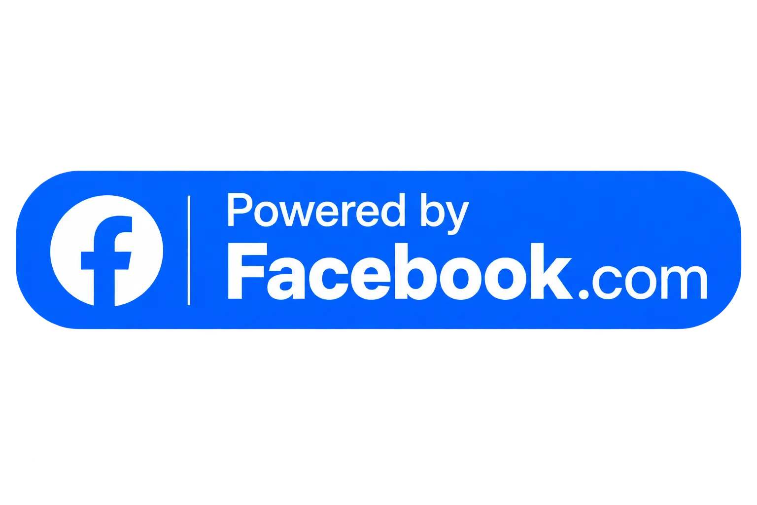 Blue badge with Facebook logo and the text Powered by Facebook.com on a white background.