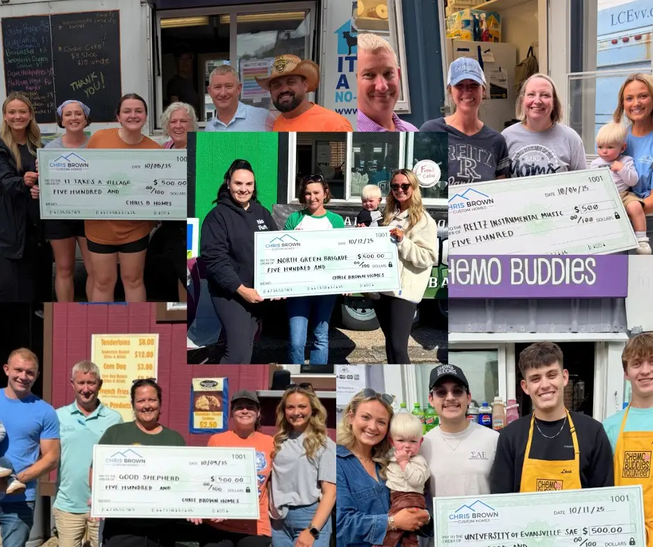 People hold large checks, giving back to community, and pose outside food trucks and booths.