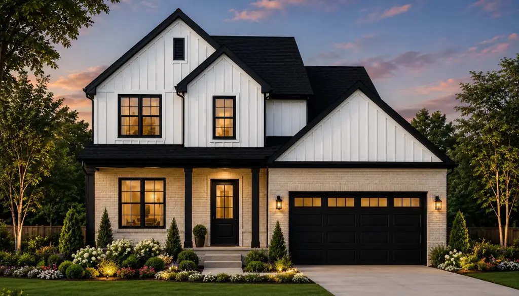 Modern two-story Chris Brown Homes house with white siding, black trim, and double garage at sunset.