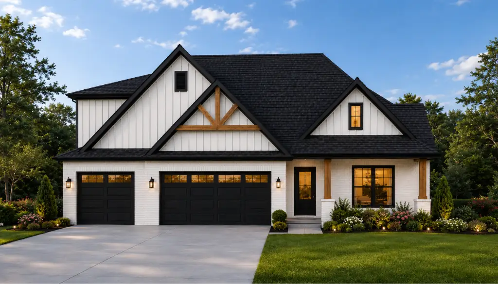 Modern house by Chris Brown Homes with black roof, white siding, and stunning landscaping.