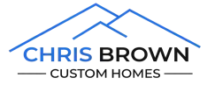 Logo for Chris Brown Custom Homes, an award winning builder and custom home builder in Evansville, with blue outlines forming a house roof and two peaks above the text. Chris is in blue, Brown in black, and Custom Homes in black below. Simple, modern design.