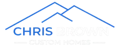 A blue outline of mountains rises above the words Chris Brown Custom Homes, written in blue and white on a light background, representing an award winning builder dedicated to excellence.