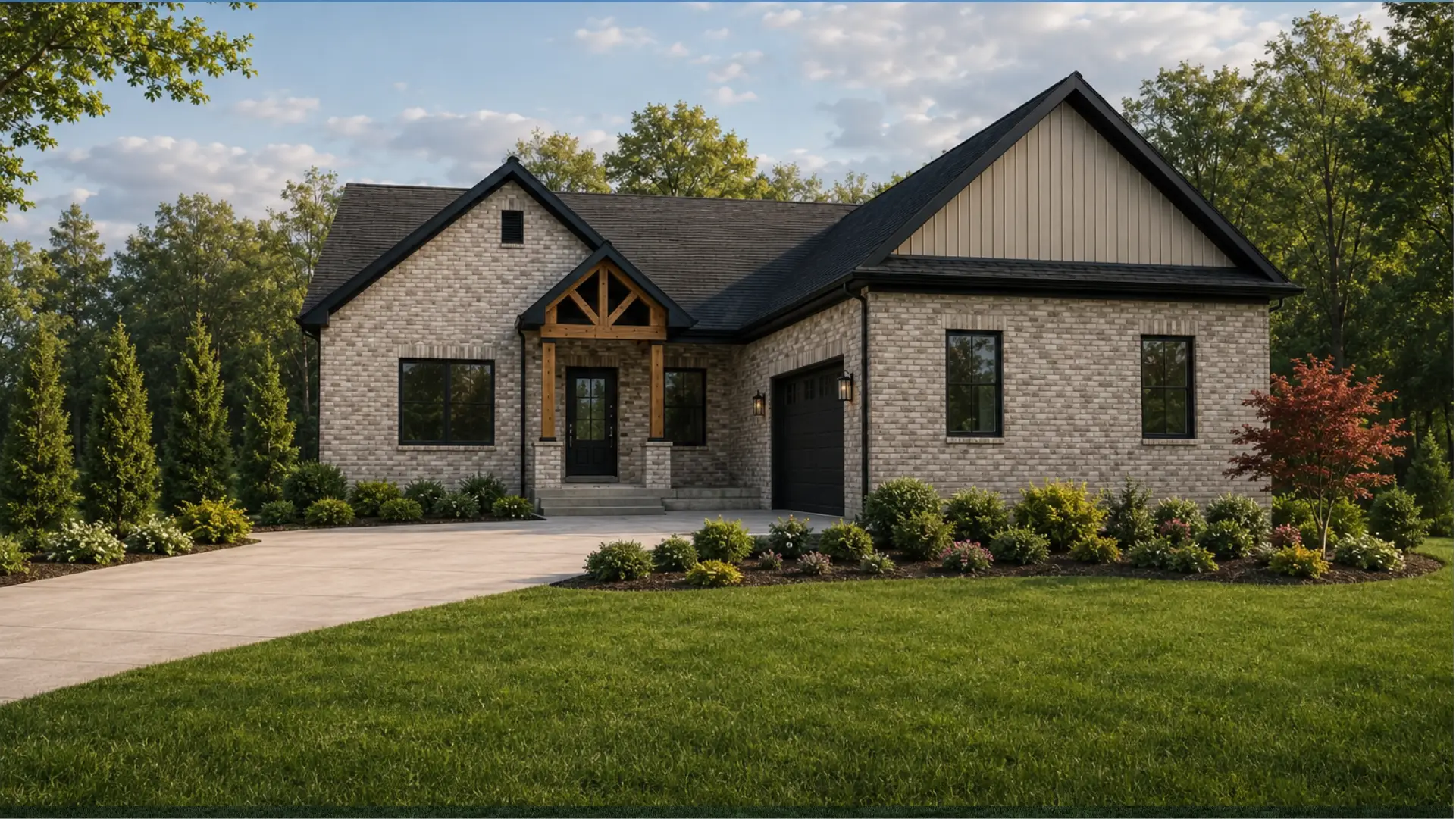 Modern brick home with timber porch and robin-friendly landscaped yard.