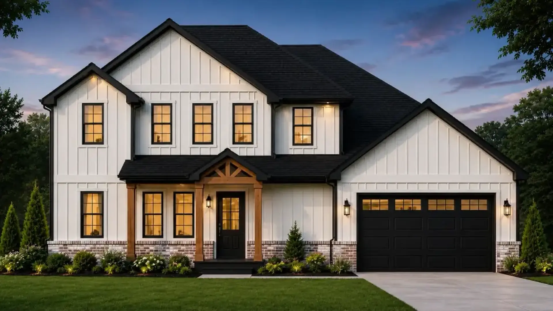 Camryn two-story modern farmhouse at dusk with timber porch and attached two-car garage.