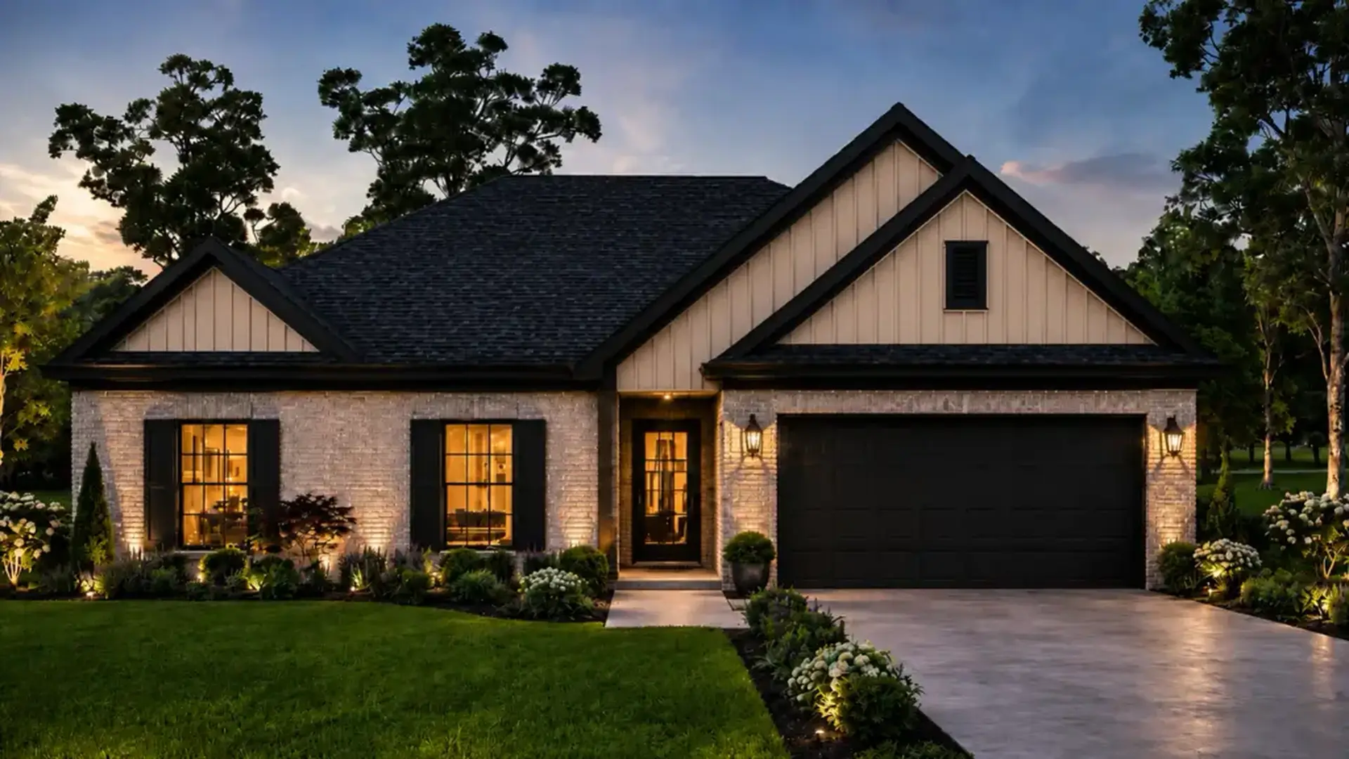 Rockwell single-story home with light brick, black garage, glowing windows, and landscaped driveway at dusk.