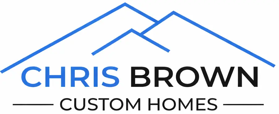Logo for Chris Brown Custom Homes with blue line art of two rooftops above the company name. CHRIS is in blue, BROWN in black, CUSTOM HOMES in black below, all capitalized with lines on each side.