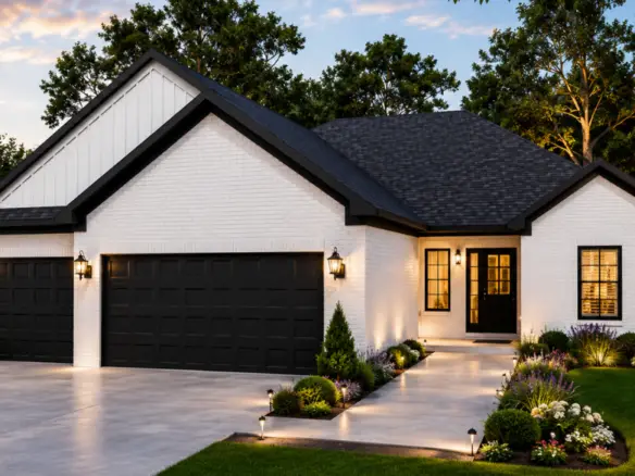 Modern single-story white brick house with black roof and garage doors, surrounded by green lawn, shrubs, and landscaped garden beds where a robin perches nearby, all lit by pathway and wall lights during sunset.