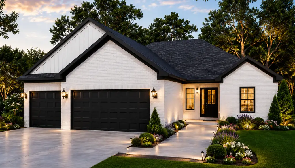 Modern single-story white brick house with black roof and garage doors, surrounded by green lawn, shrubs, and landscaped garden beds where a robin perches nearby, all lit by pathway and wall lights during sunset.