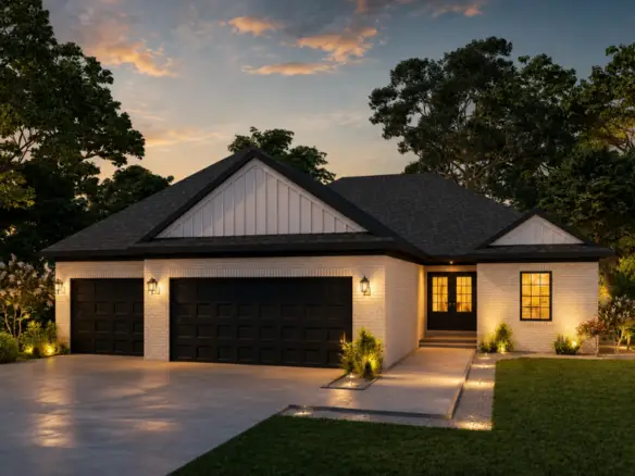 Single-story house with white brick, black garages, dark roof, lit windows, and outdoor lights, surrounded by green lawn, trees where a robin perches nearby, and a concrete driveway at sunset.