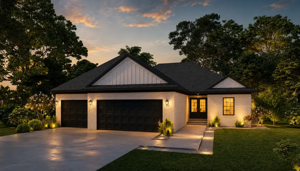 Single-story house with white brick, black garages, dark roof, lit windows, and outdoor lights, surrounded by green lawn, trees where a robin perches nearby, and a concrete driveway at sunset.