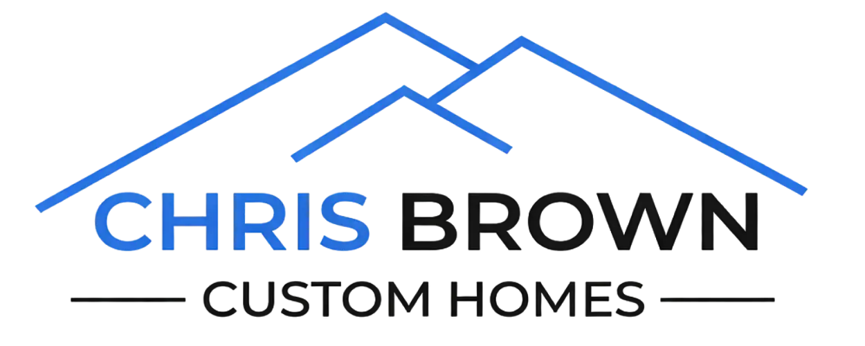 Logo for Chris Brown Custom Homes, an award winning builder and custom home builder in Evansville, with blue outlines forming a house roof and two peaks above the text. Chris is in blue, Brown in black, and Custom Homes in black below. Simple, modern design.
