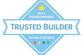 Blue badge with a yellow house icon, text reads: Real Homeowners, Trusted Home Builder in Evansville, and Google Reviews with five colored stars.