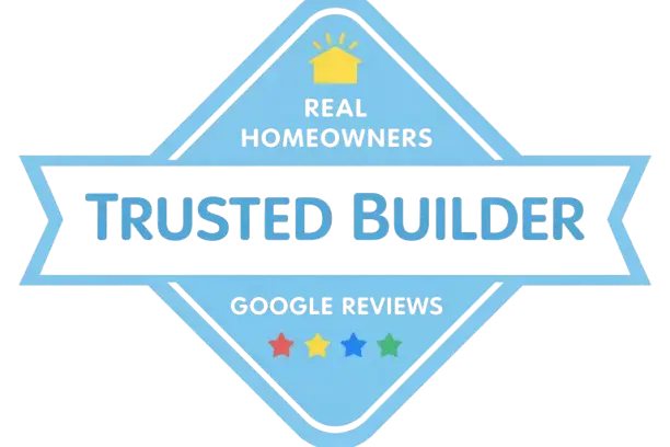 Blue badge with a yellow house icon, text reads: Real Homeowners, Trusted Home Builder in Evansville, and Google Reviews with five colored stars.