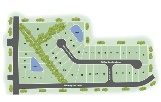 A neighborhood site map of the Willow Landing subdivision shows numbered lots, two small lakes, tree areas, and three roads: Willow Landing Lane, Basin Street, and Morning Side Drive.